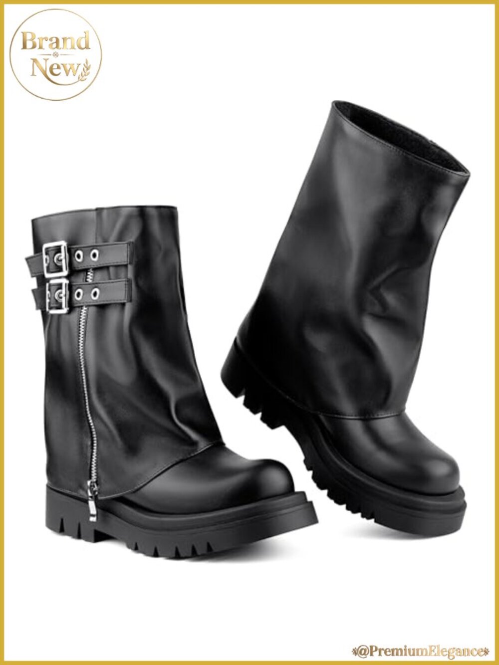 Fold Over Mid Calf Boots Distressed Faux Leather Platform Combat Moto